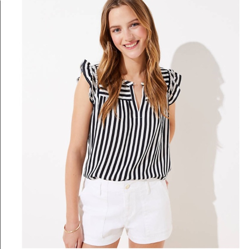 NWT LOFT | Striped Smocked Split Neck Shell